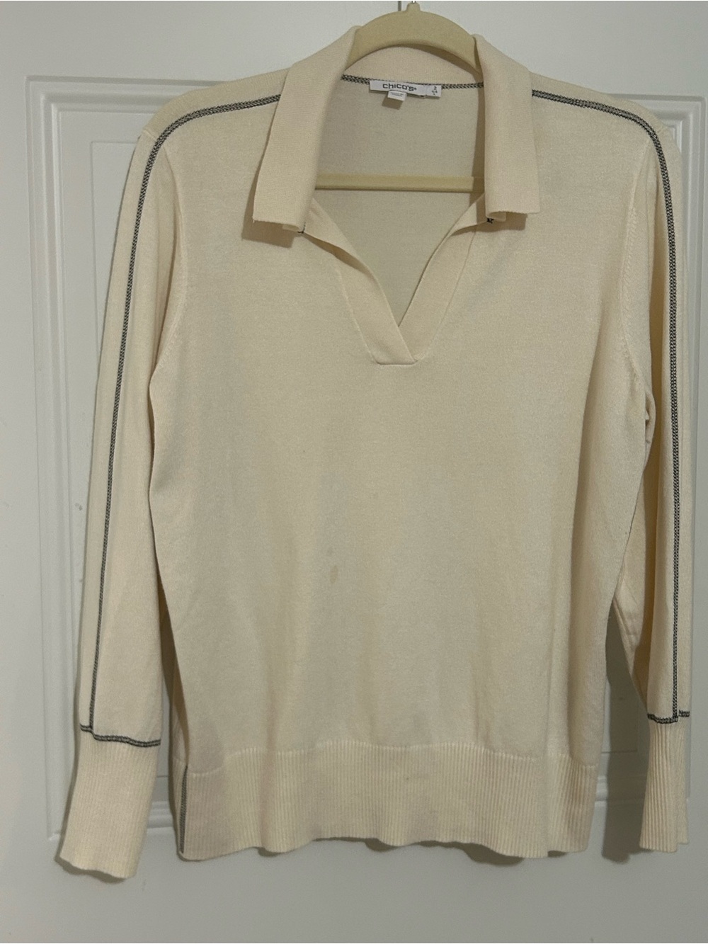 Chico's Cream V-Neck Collared Sweater with Dark Stripe Trim